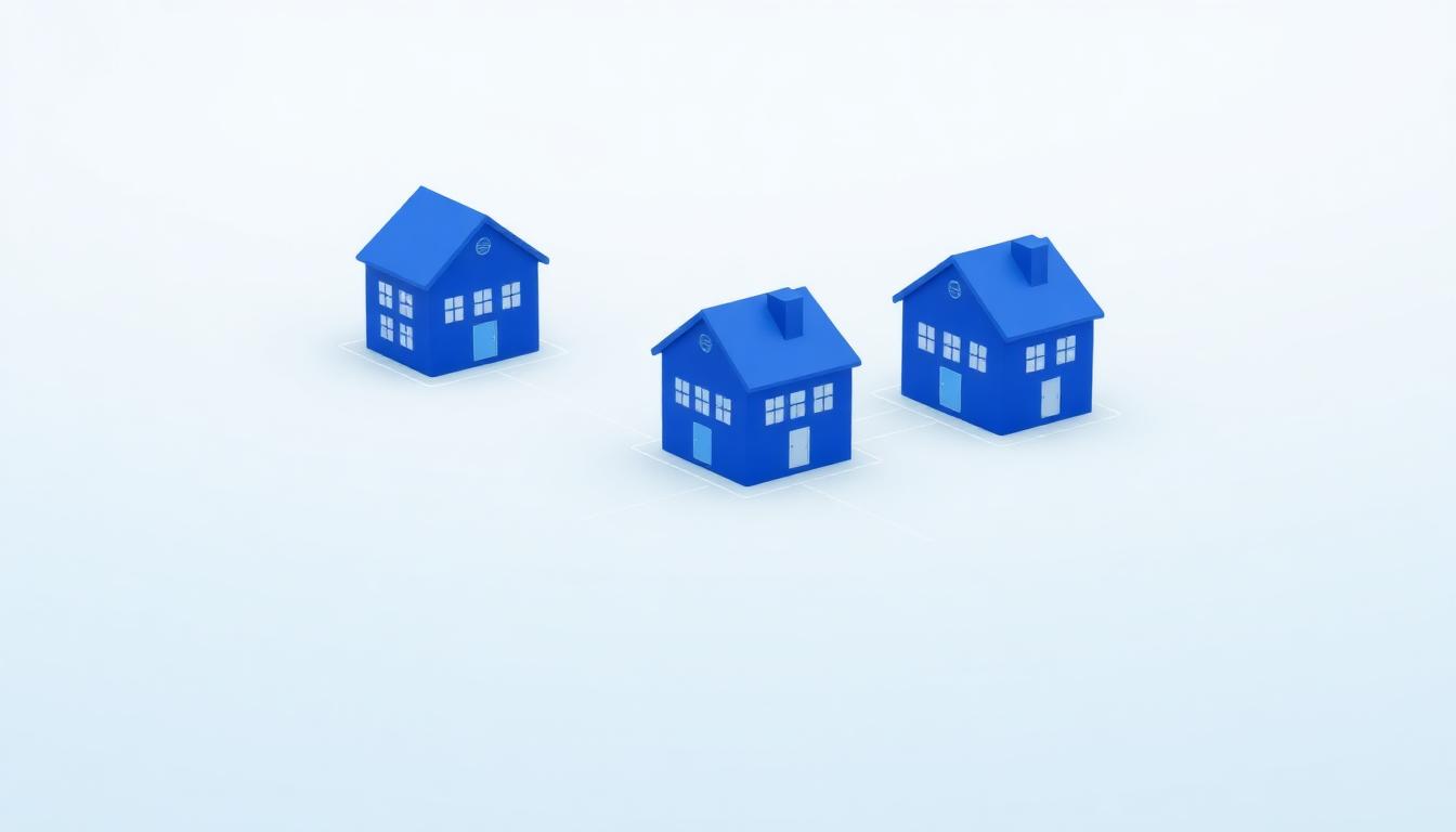 Abstract illustration of property blocks connected by a secure digital network, in blue and white