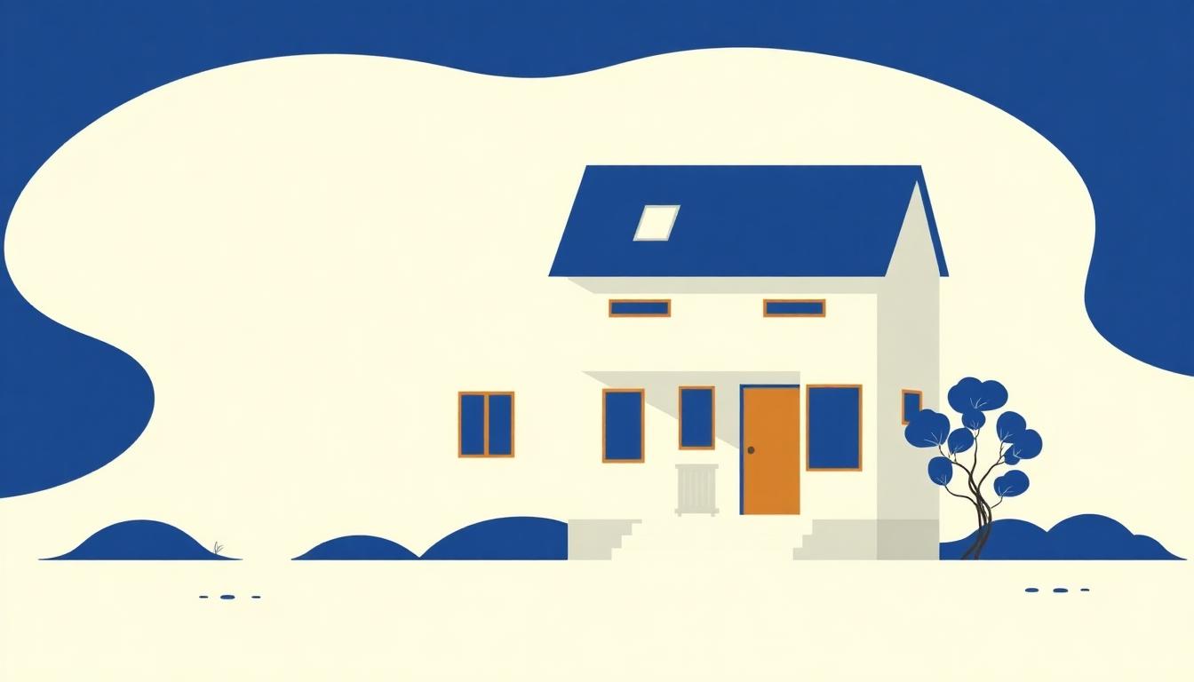 Calm illustration of a home, documents, and a small tree in blue and off-white